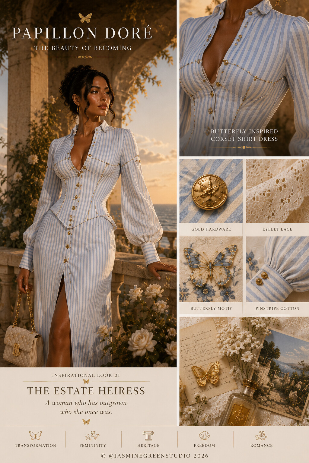 Papillon Doré — The Estate Heiress campaign board, with material and hardware detail callouts
