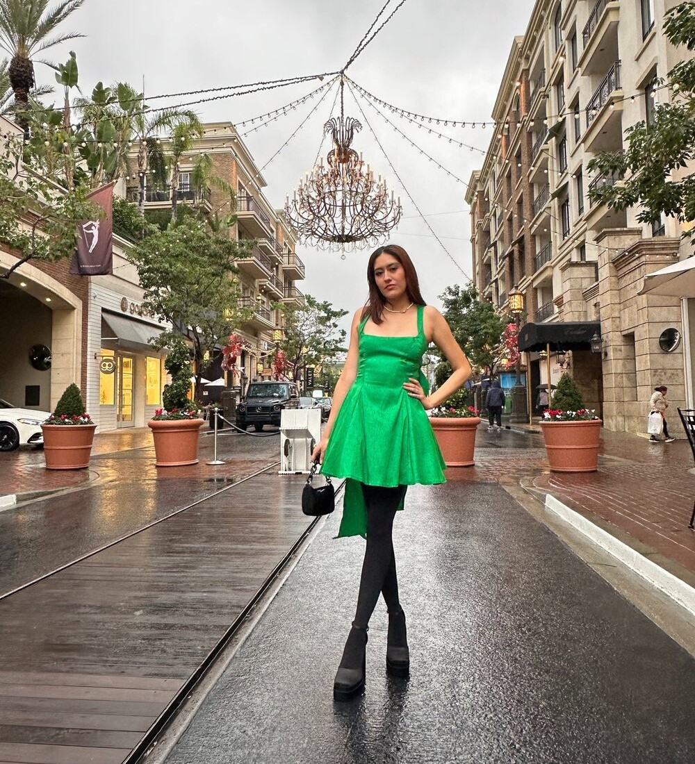 Winter Bliss green dress, styled on location