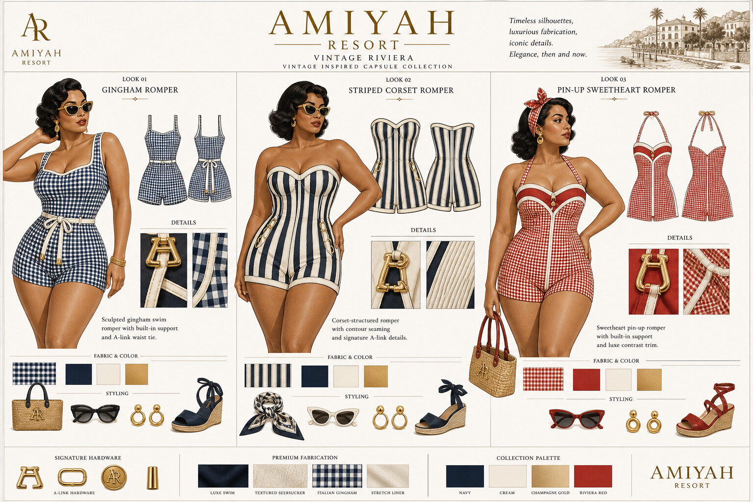 Vintage Riviera capsule collection — three romper looks with detail call-outs, fabric, and styling