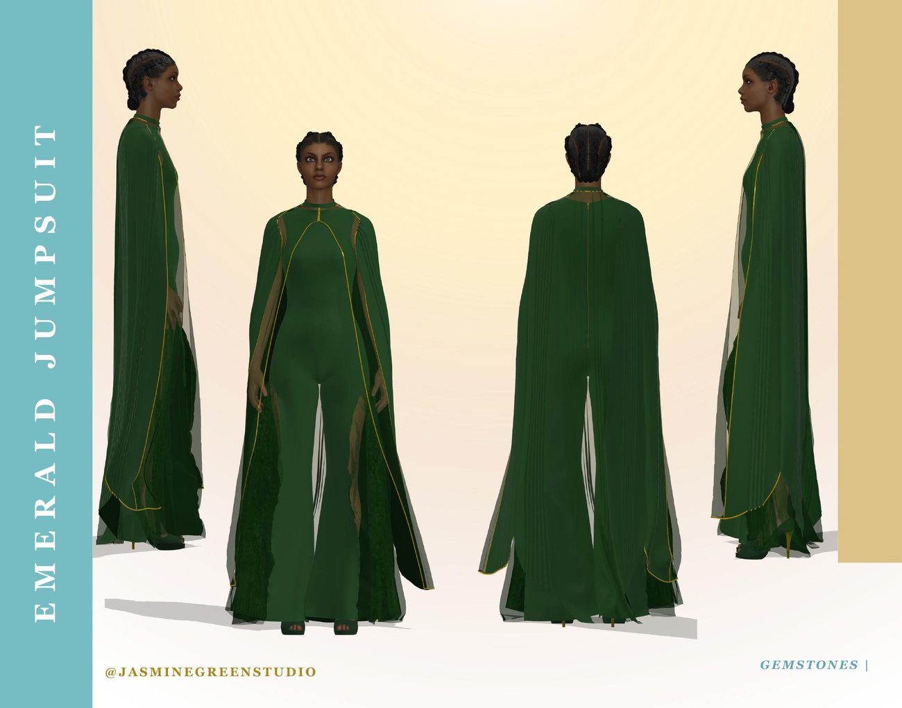 Emerald Jumpsuit &mdash; full look with cape overlay
