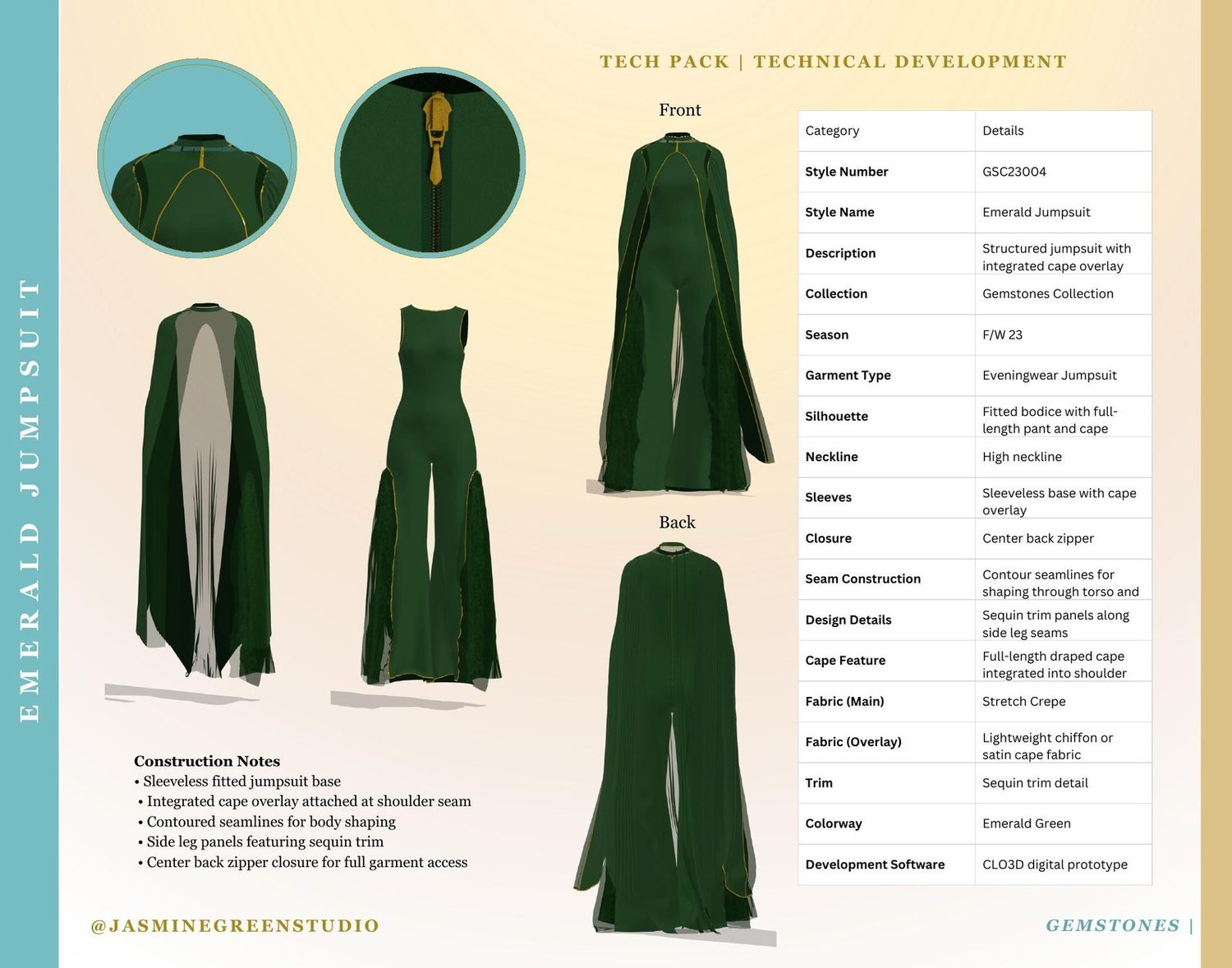 Emerald Jumpsuit tech pack &mdash; construction notes and full spec table
