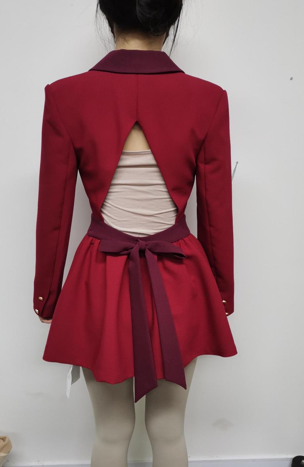 Cutout-back blazer dress with tie waist, back view