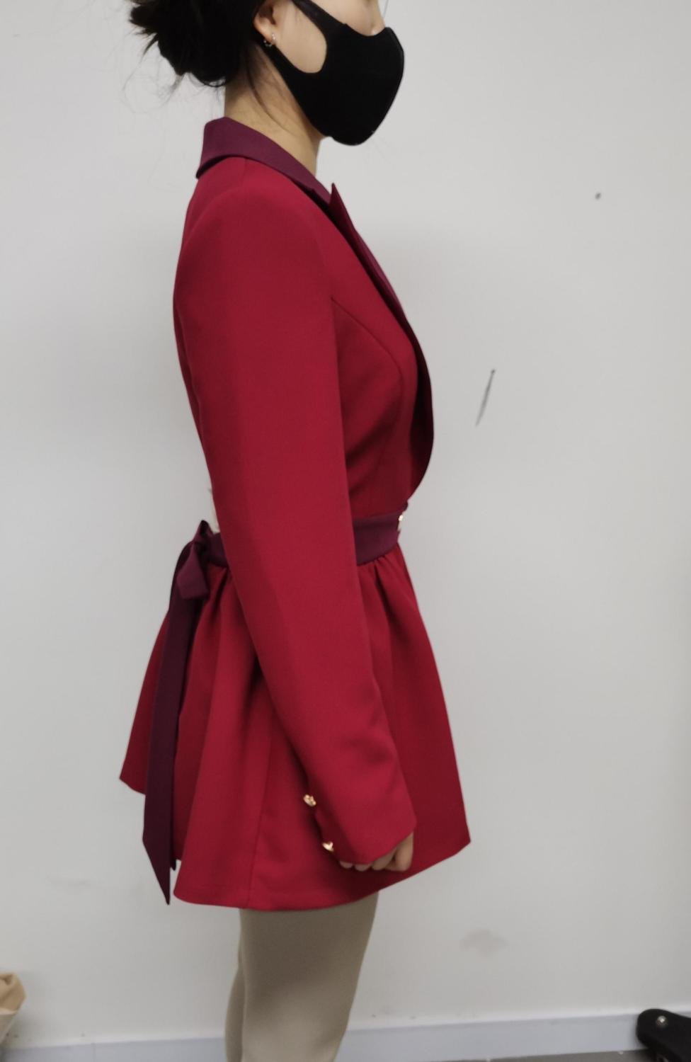 Cutout-back blazer dress with tie waist, side view