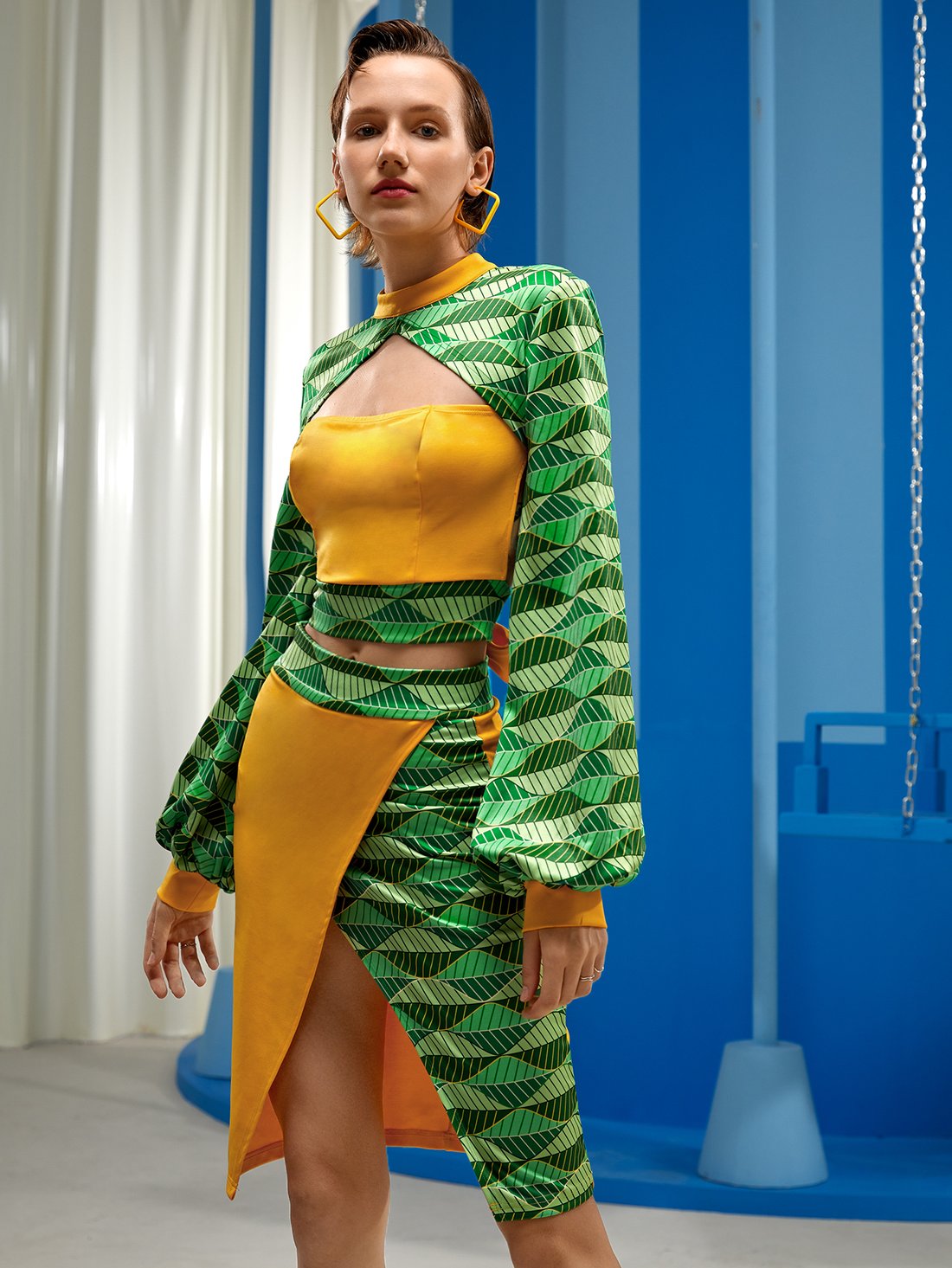 Colorblock geometric-print two-piece set