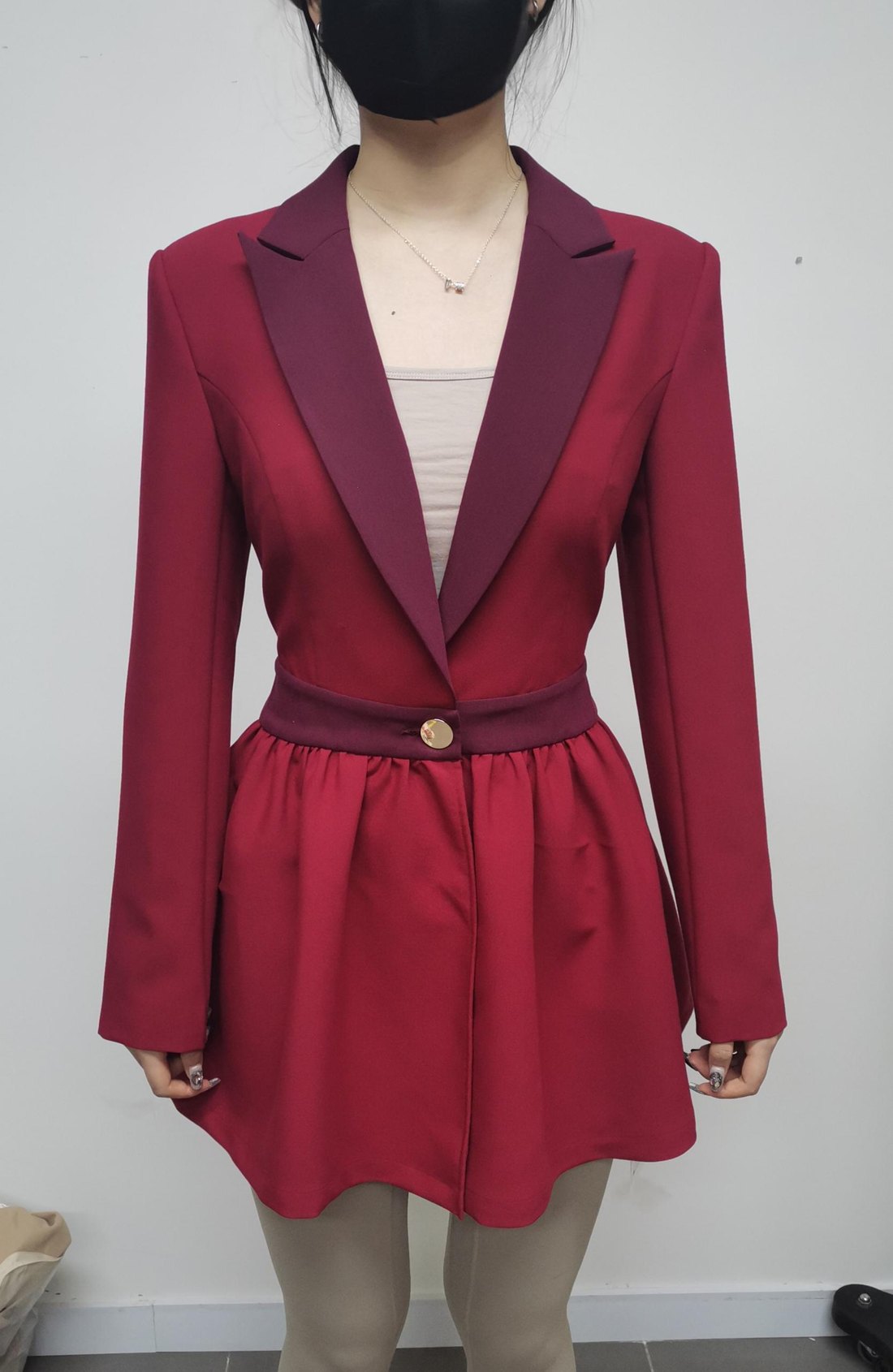 Cutout-back blazer dress with tie waist, front view, contrast collar