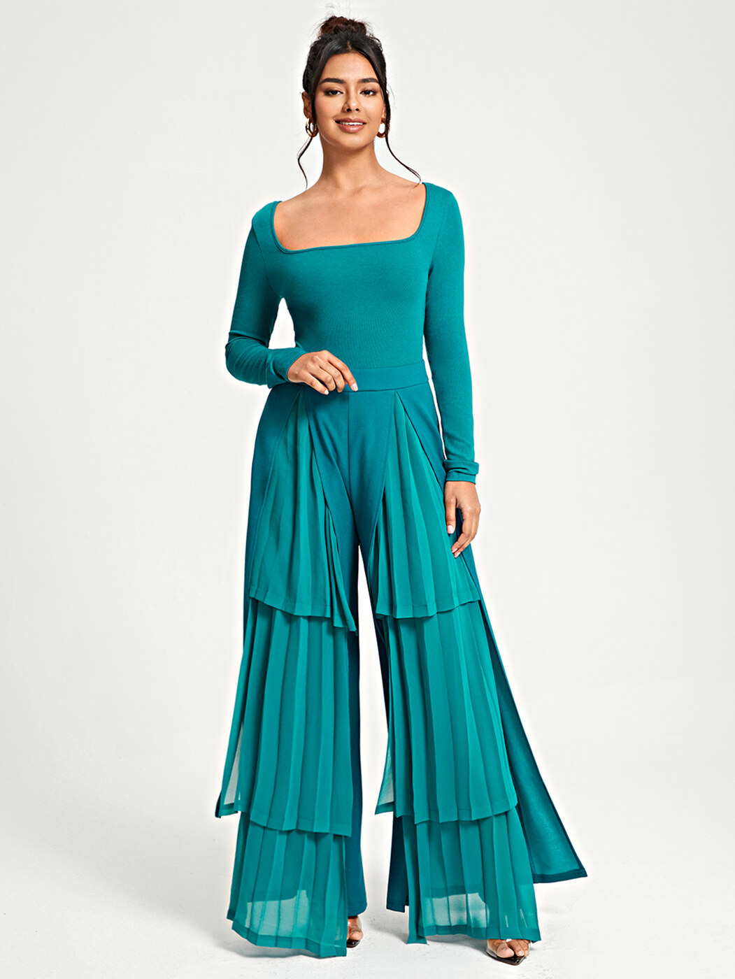 Long-sleeve jumpsuit with tiered ruffle pants, final production photo