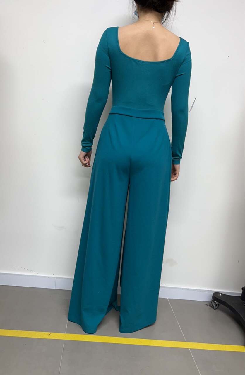 Long-sleeve jumpsuit with tiered ruffle pants, back view