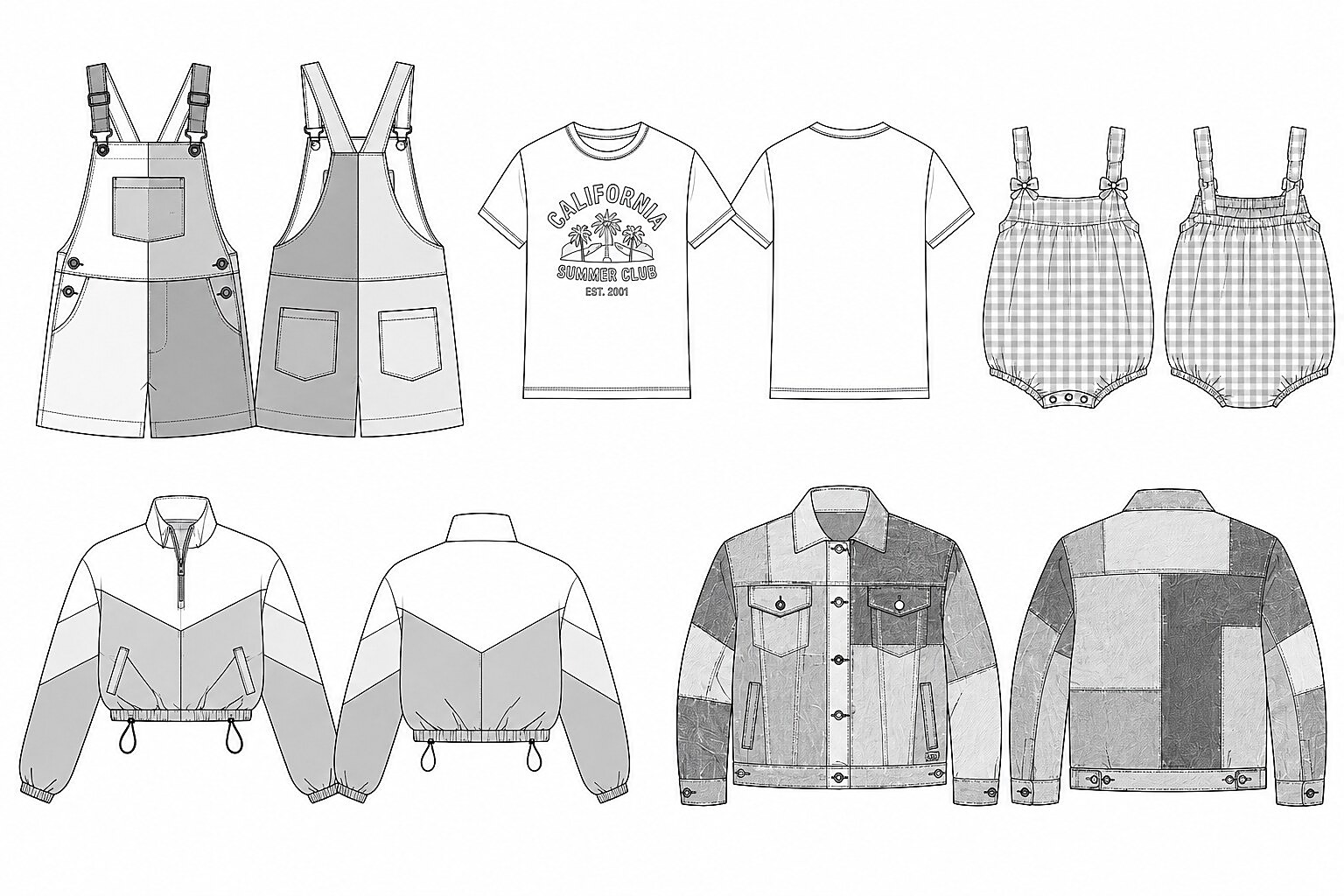 Technical flats for the family capsule — girls' shortall, boys' graphic tee, infant/toddler romper, women's windbreaker, and men's patchwork jacket