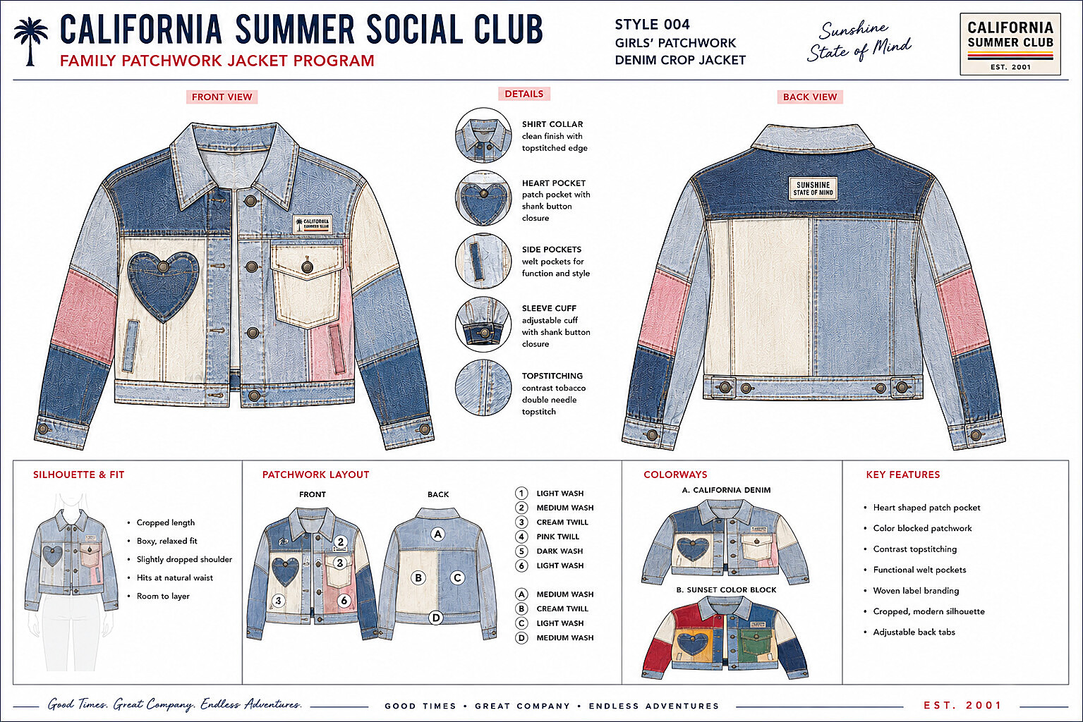 Style 004 — Girls' Patchwork Denim Crop Jacket spec board, with a heart-shaped patch pocket