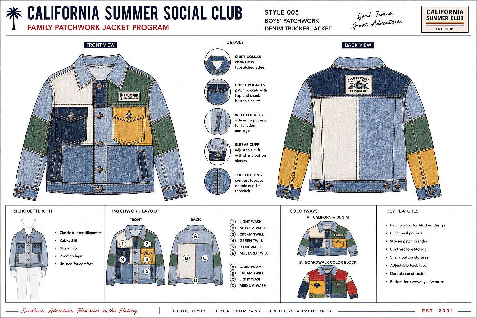Style 005 — Boys' Patchwork Denim Trucker Jacket spec board, shown in two colorways