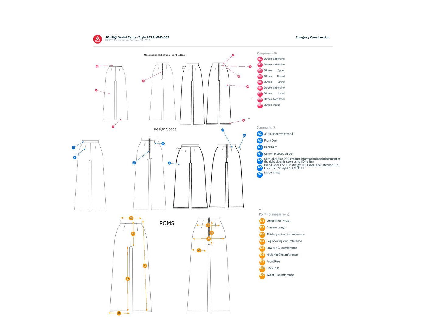 Construction images with stitch and seam callouts