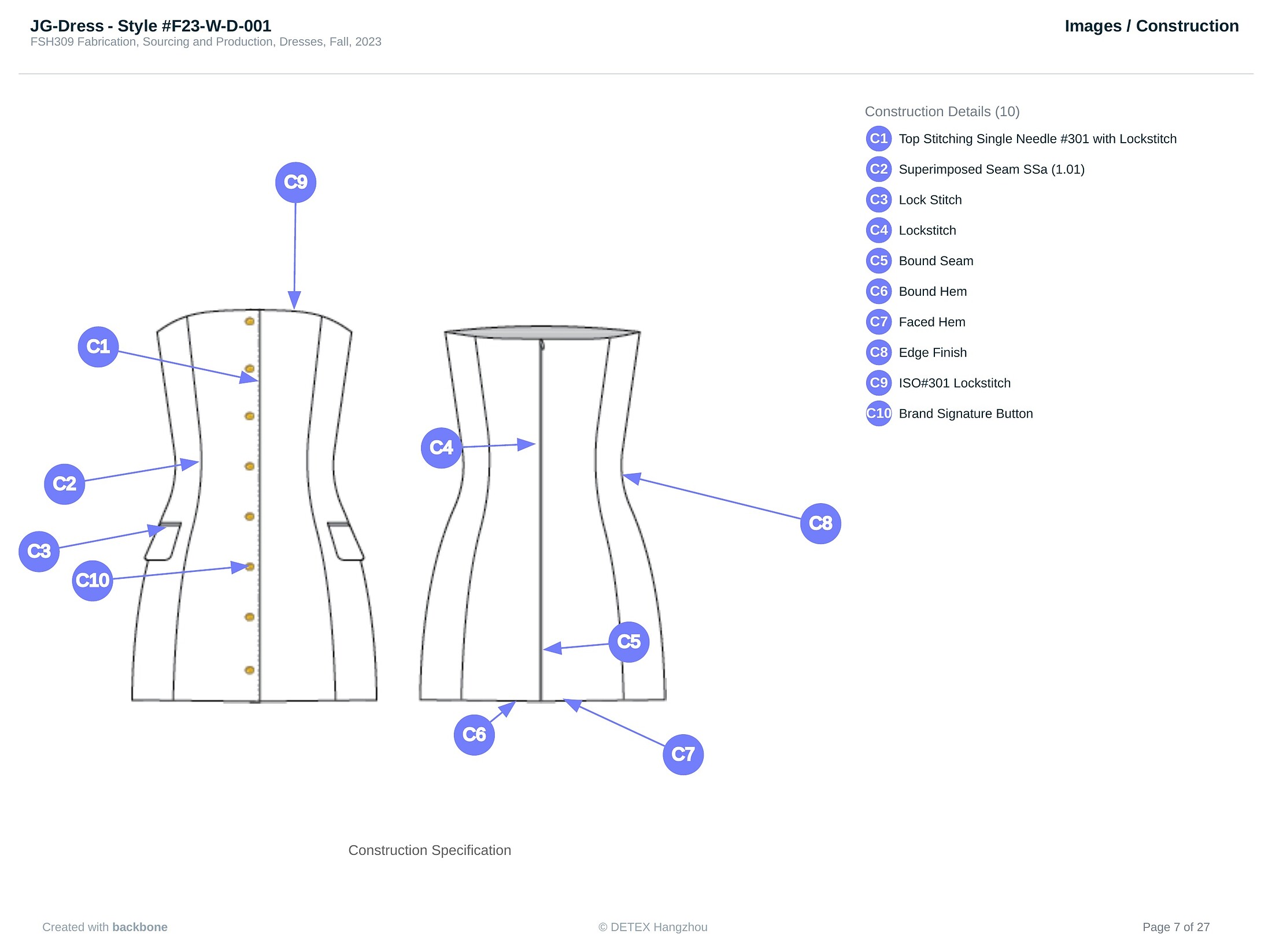 Construction specification with seam, stitch, and finish callouts