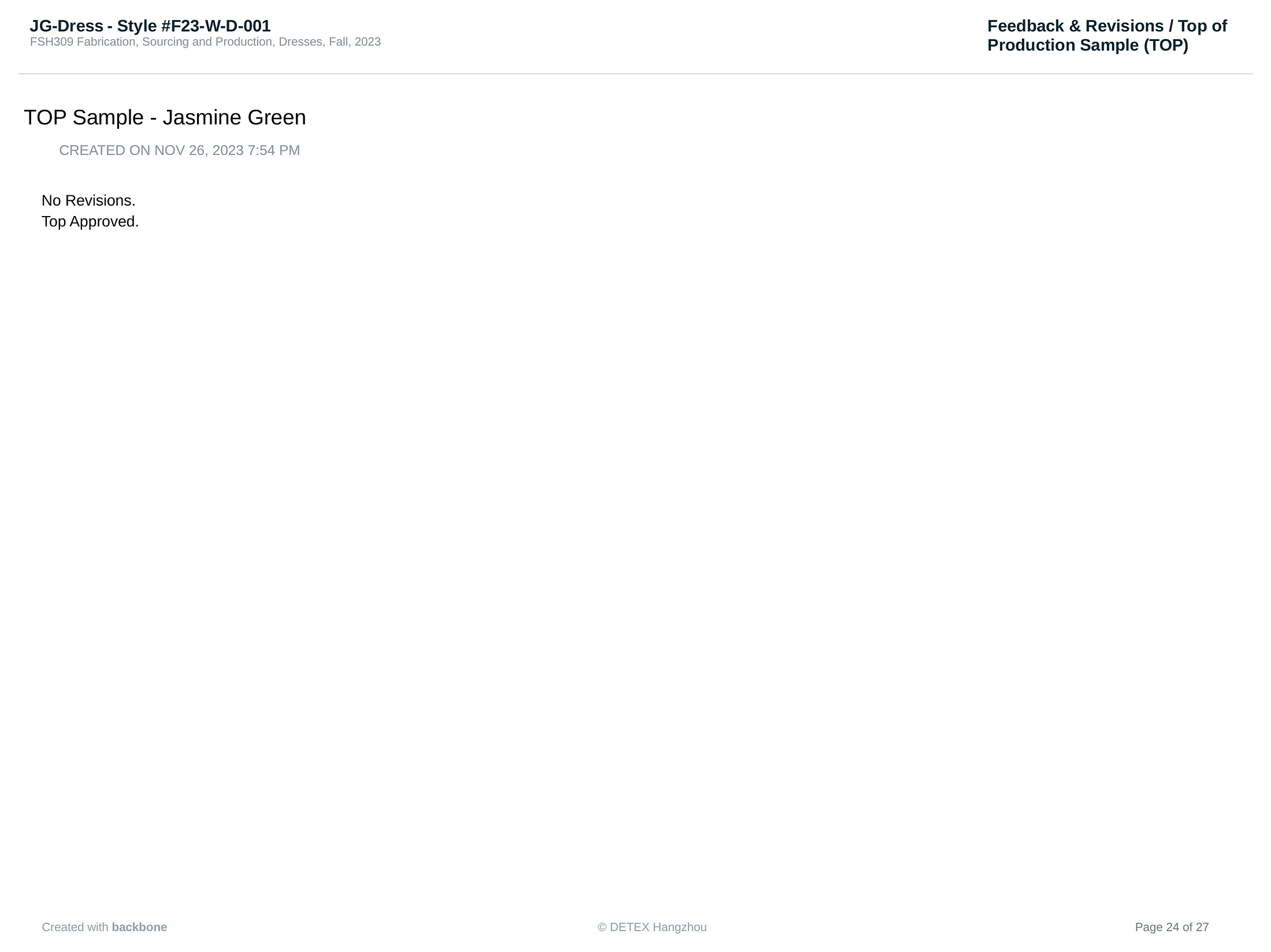 Top of Production sample approval note, no further revisions