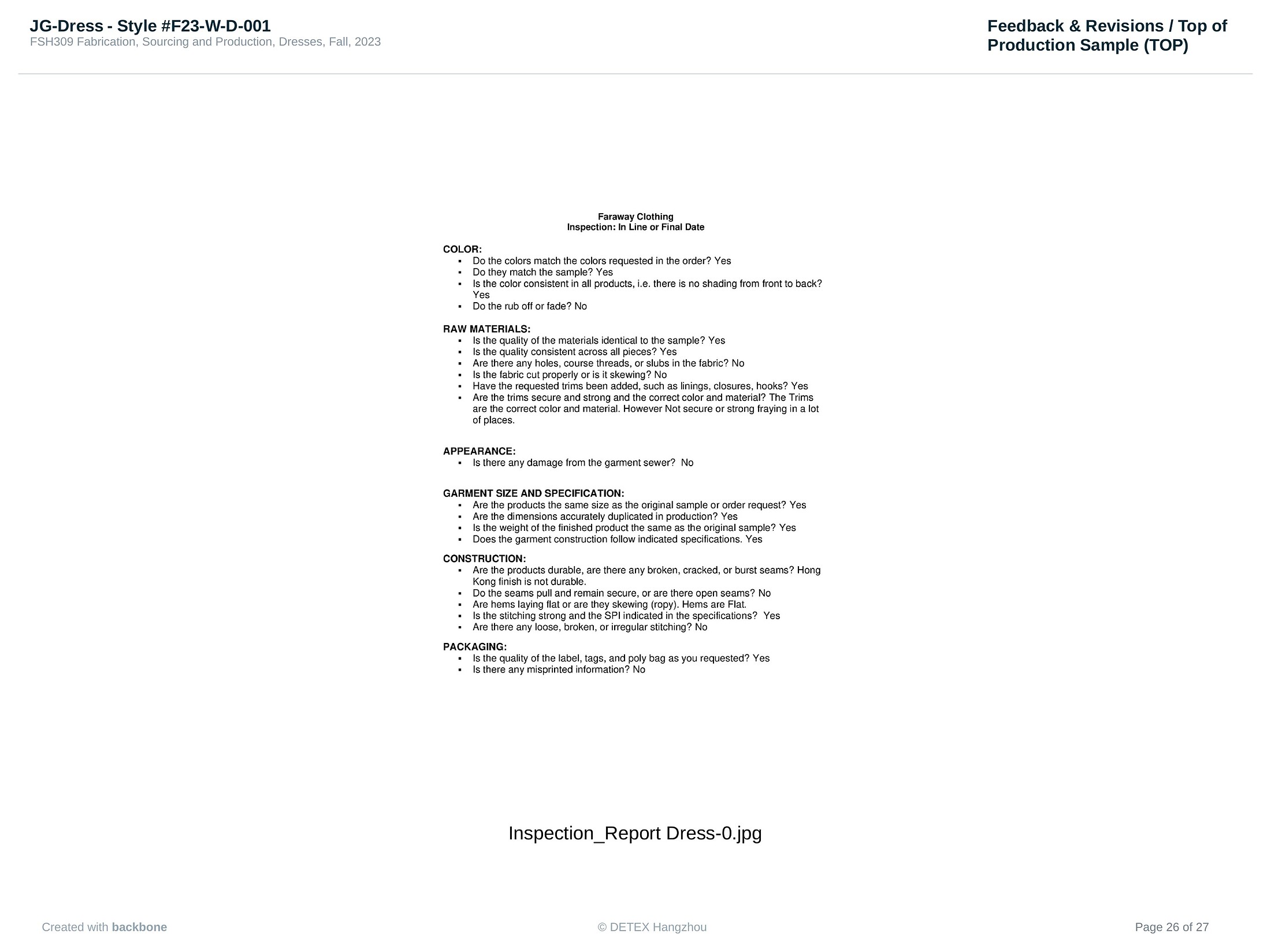Final inspection report covering color, raw materials, construction, and packaging checks
