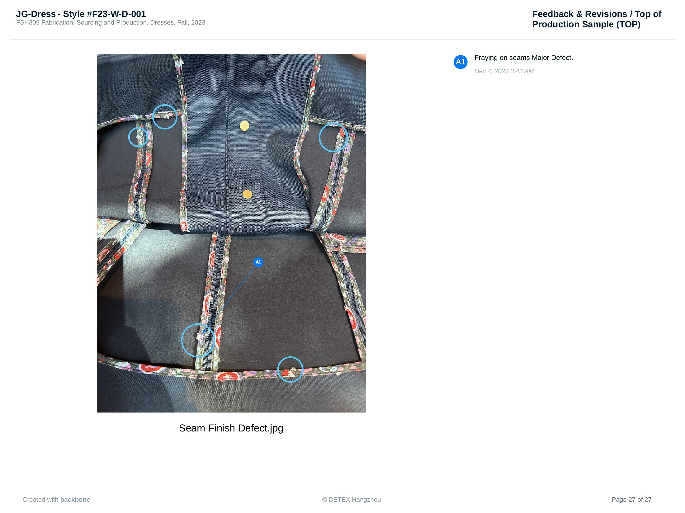 Final inspection photo with seam fraying flagged as a major defect