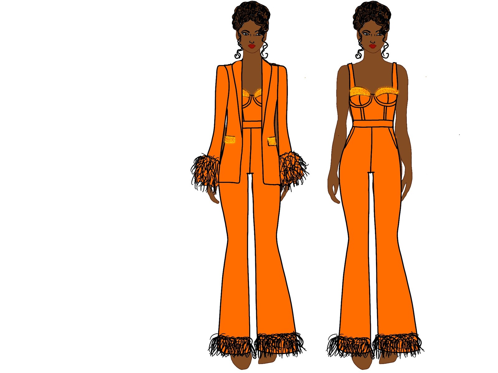 Development sketch for a custom orange rhinestone birthday set, jacket and jumpsuit with feather cuffs