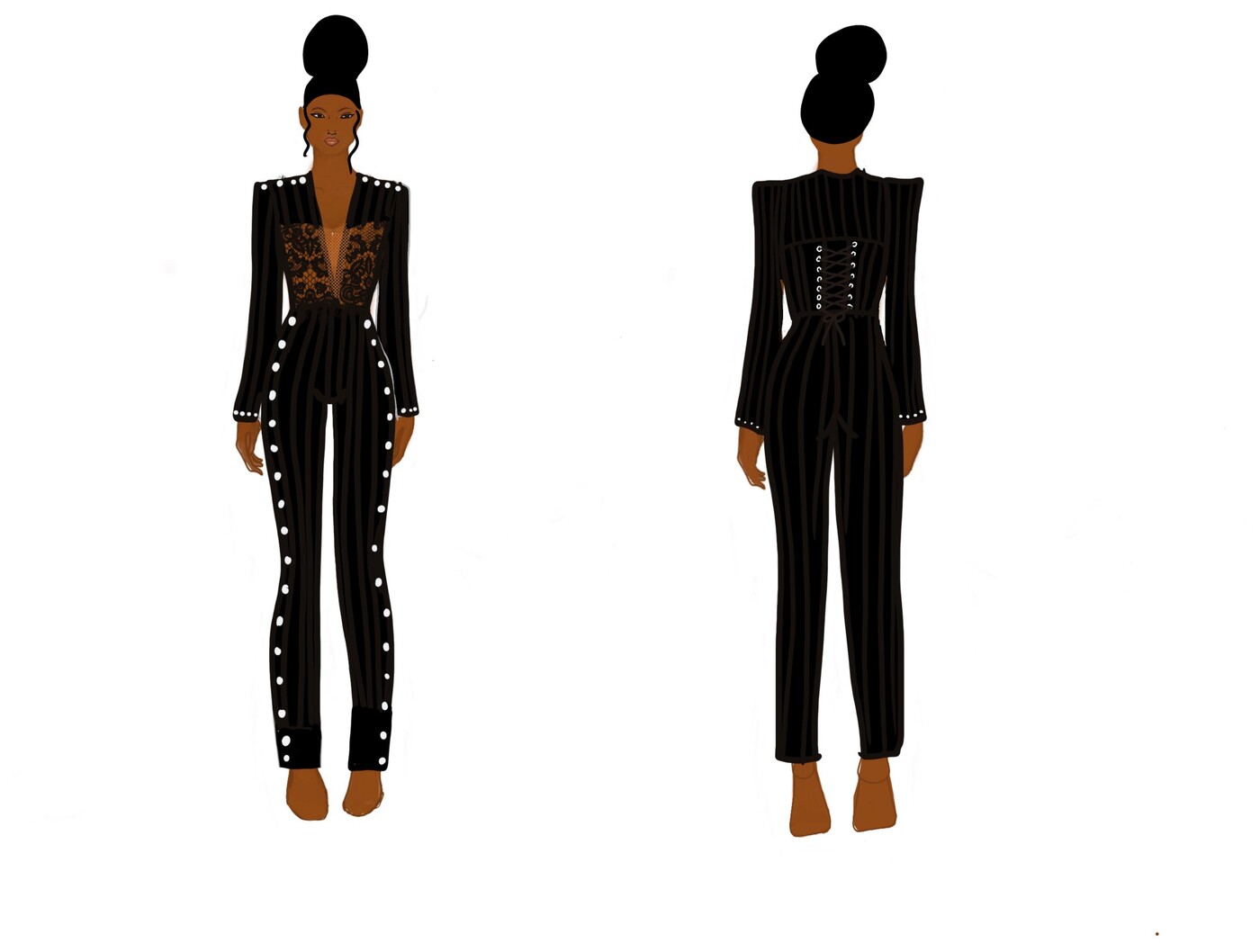 Development sketch for a custom black striped jumpsuit with lace bodice and corset lacing, front and back