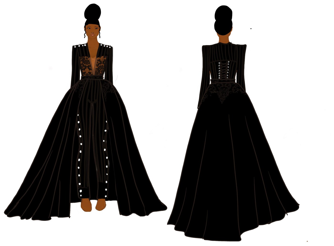 Development sketch for the same jumpsuit with a dramatic draped overskirt and train added, front and back
