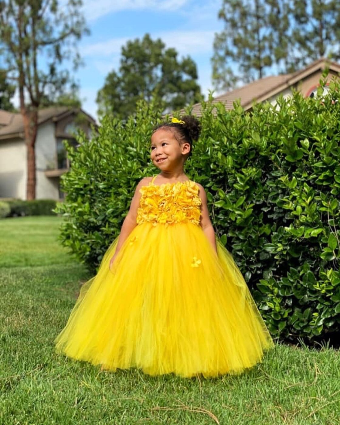 Custom yellow tulle party dress with floral bodice