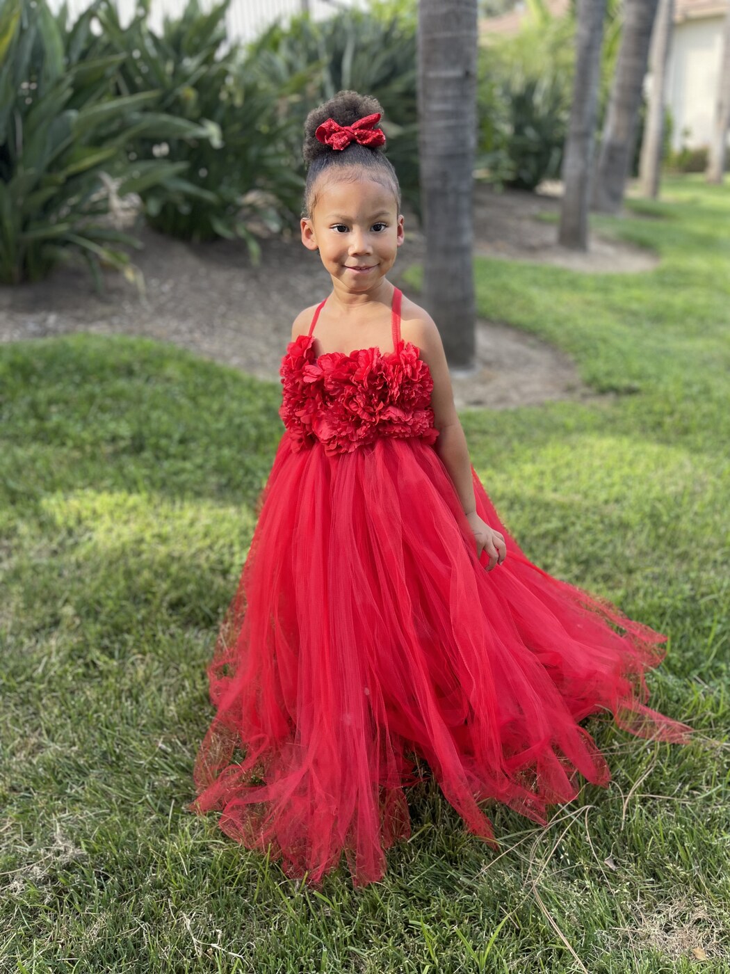 Custom red tulle party dress with floral bodice