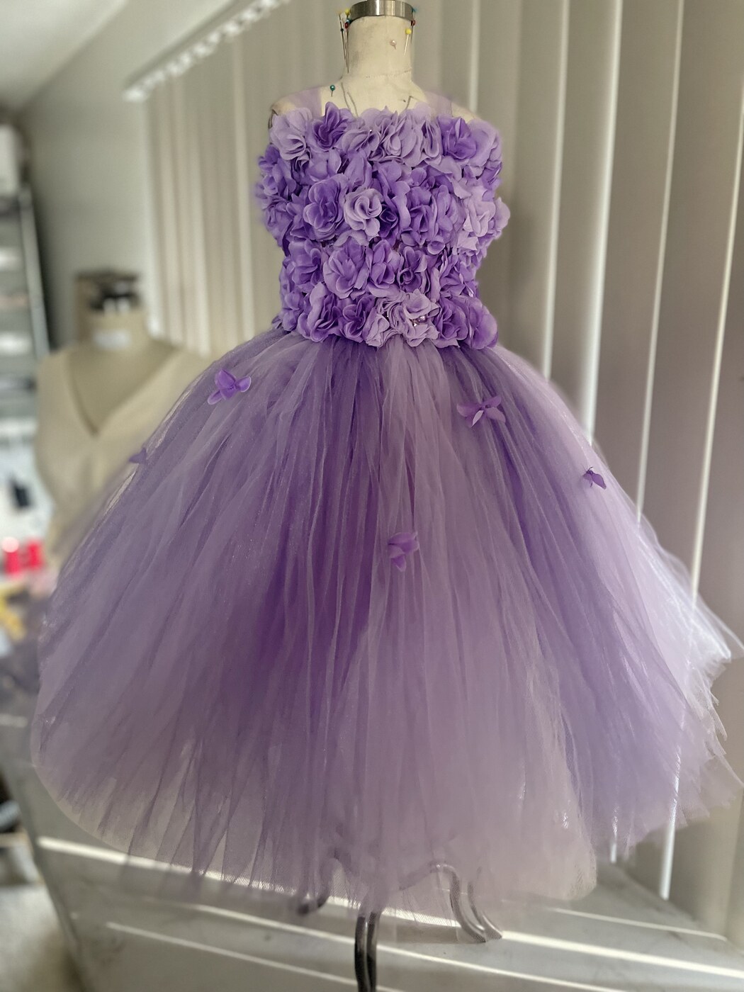 Custom lavender tulle dress, studio product shot