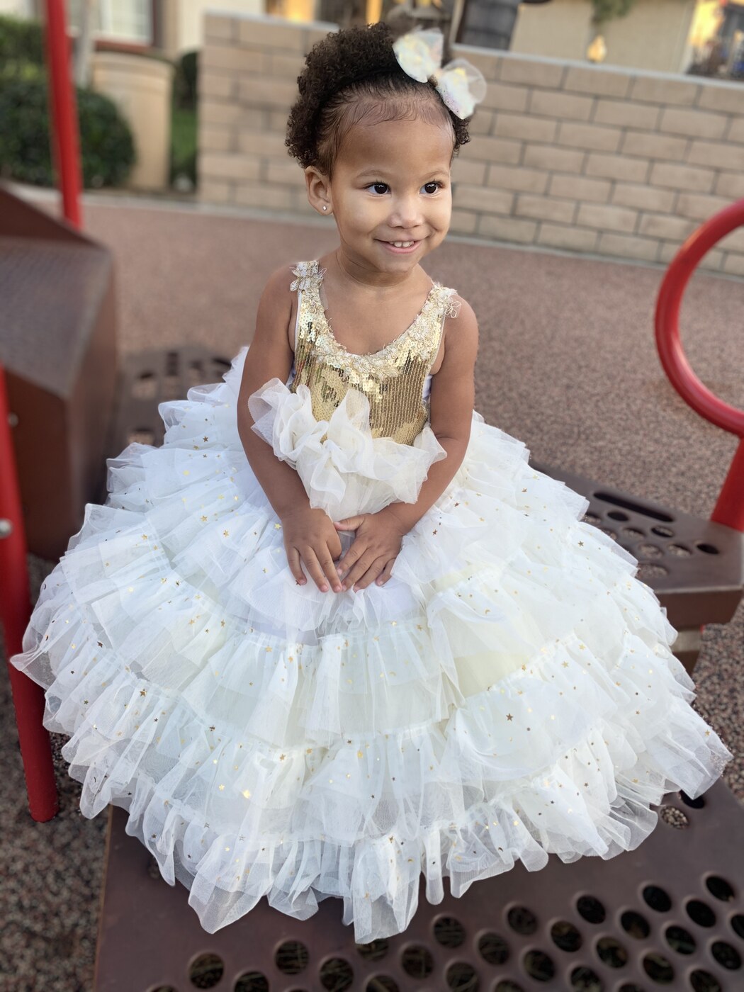 Custom white and gold tiered tulle party dress