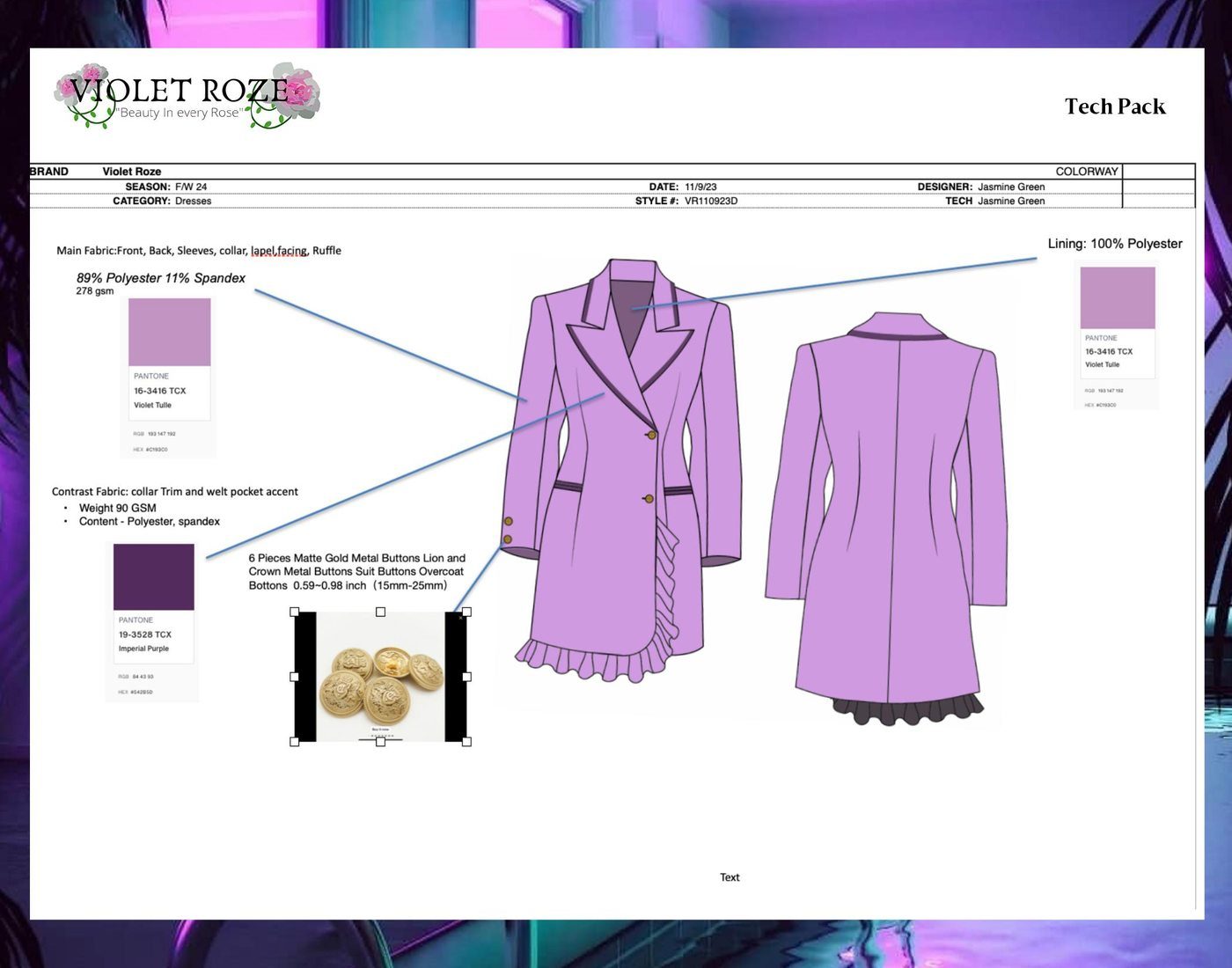 Tech pack &mdash; fabric swatch, Pantone callouts, and trim detail