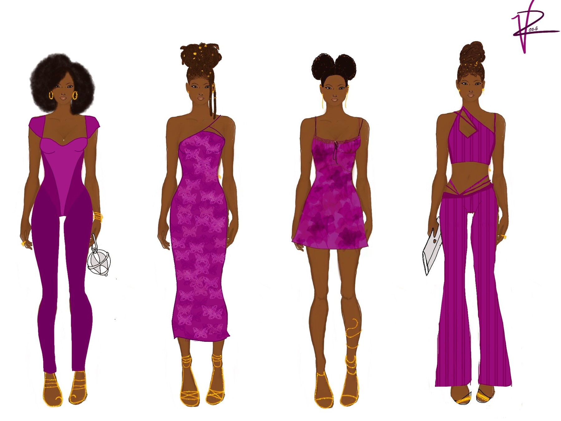 Violet Roze color story sketch, magenta colorway, Procreate