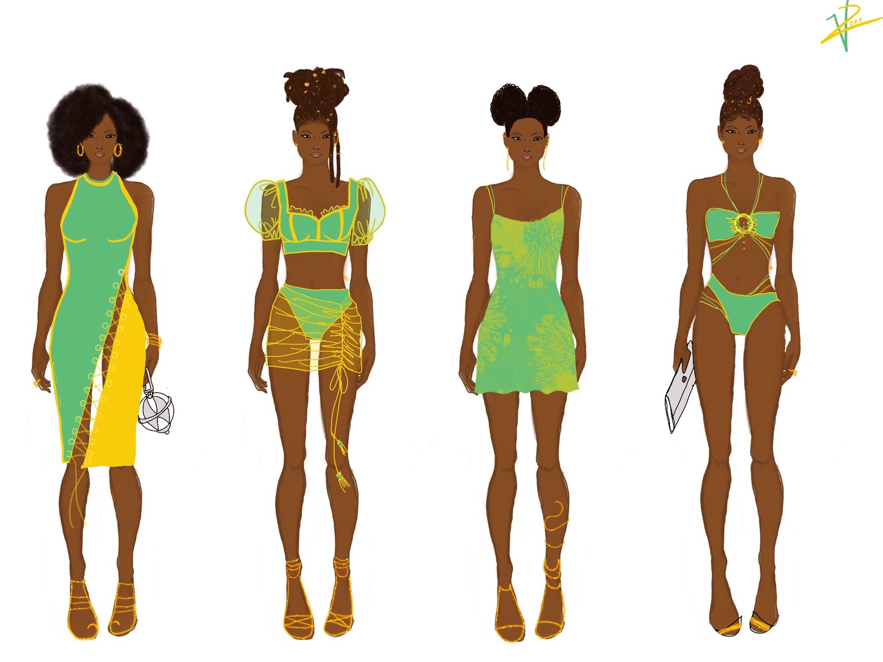 Violet Roze color story sketch, green colorway, Procreate