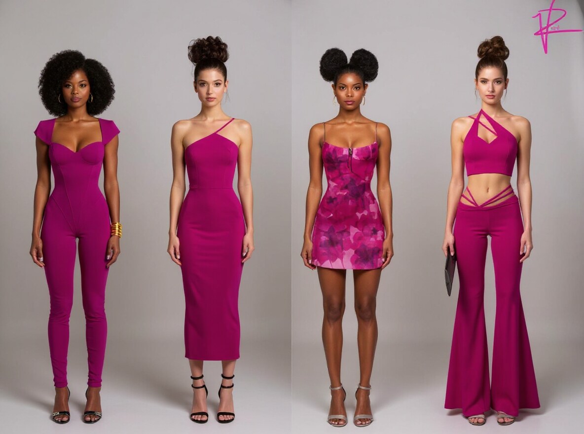 AI-rendered lookbook, magenta colorway, with the Violet Roze monogram